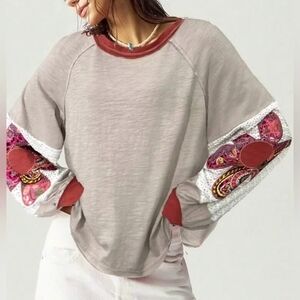 Beige and Burgundy Floral Sleeve Sweatshirt.  NWOT Size Medium
